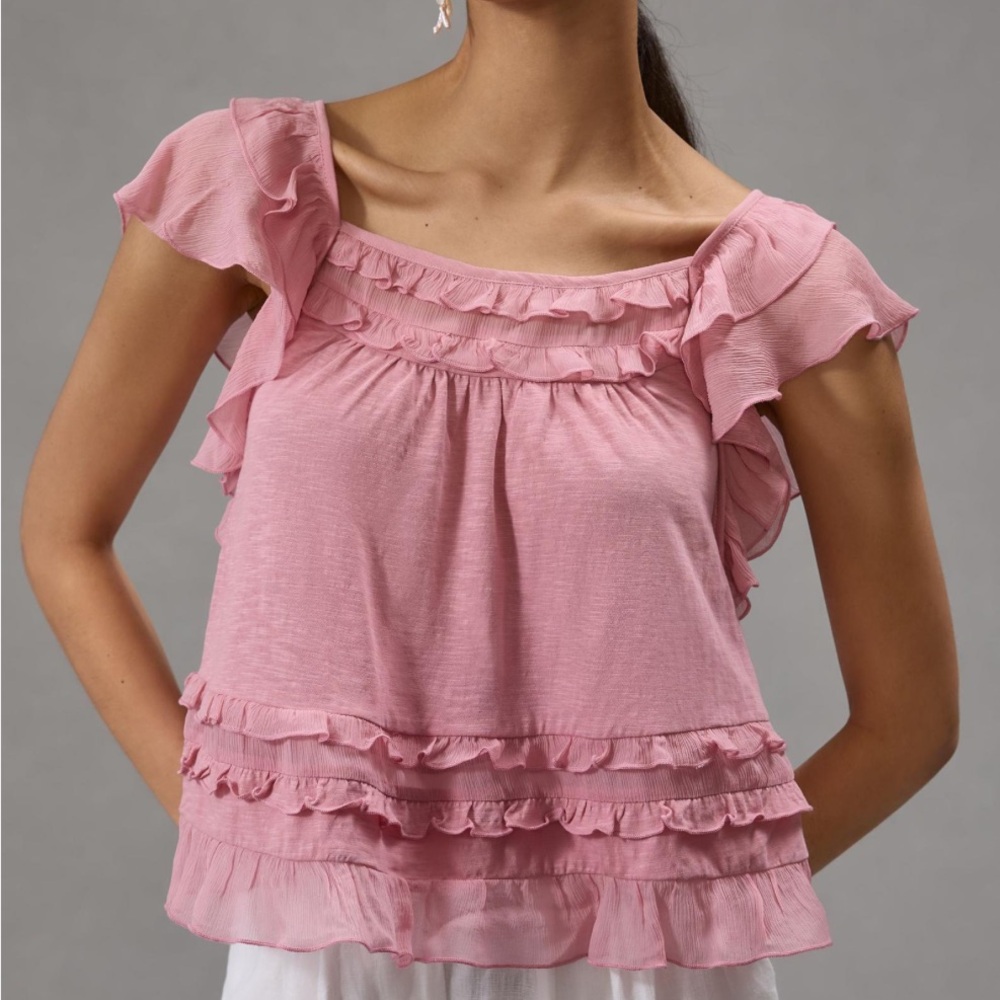 NWT Anthropologie Ruffled Flutter-Sleeve Top Size Large